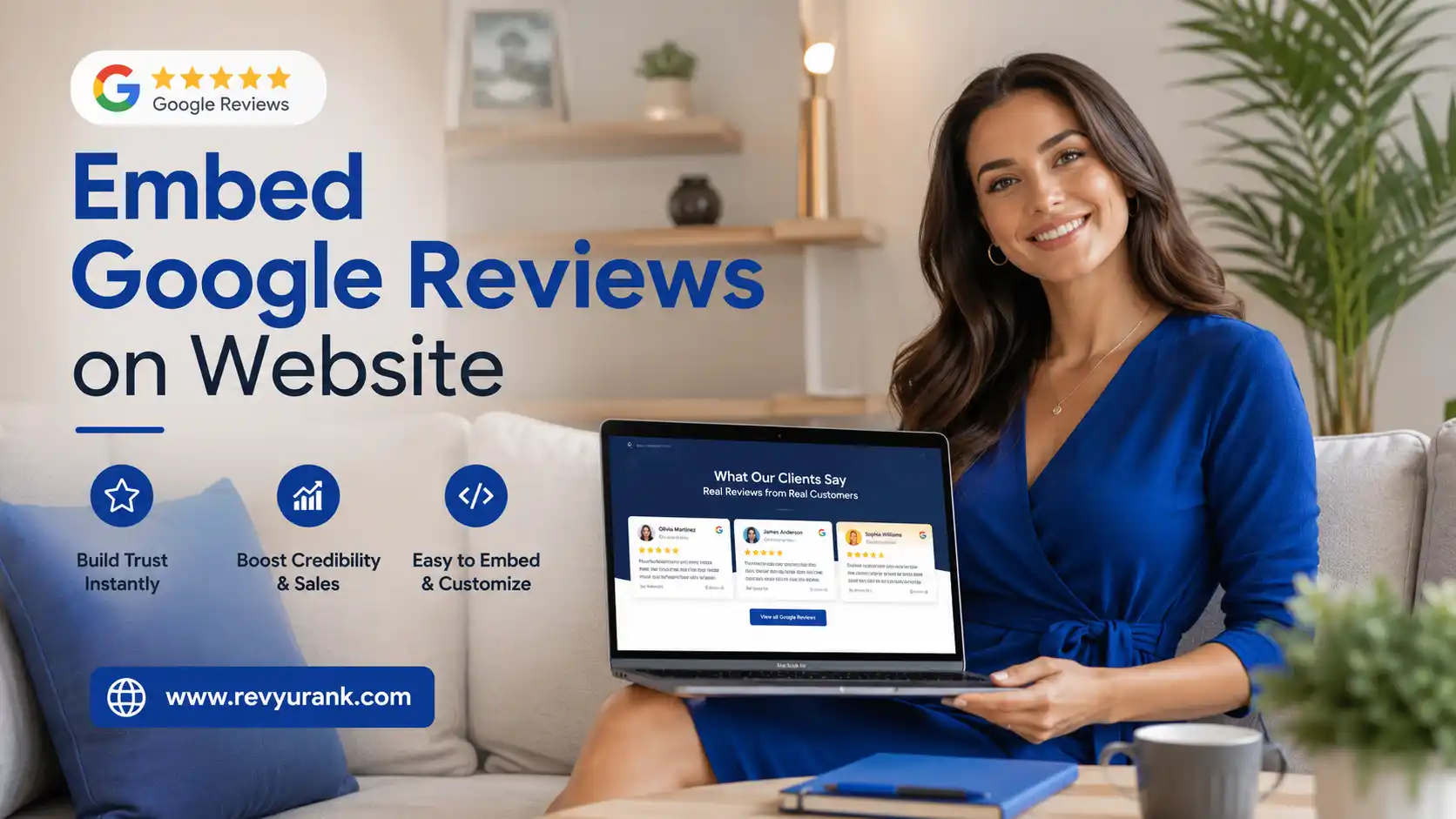 Website featuring a Google review plugin with five-star customer ratings.