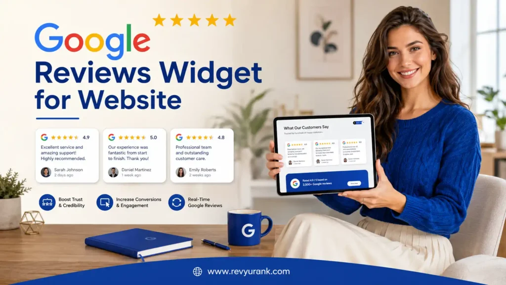 Google Reviews widget displayed on a business website homepage.