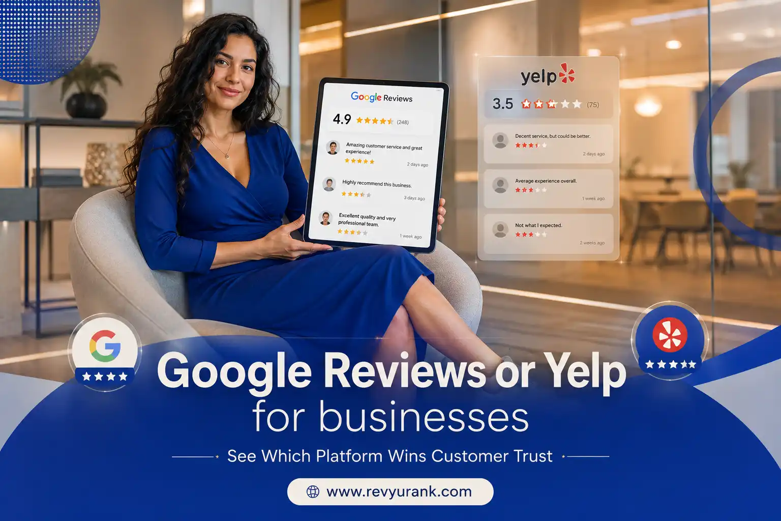 Side-by-side comparison of Google Reviews and Yelp features for local businesses