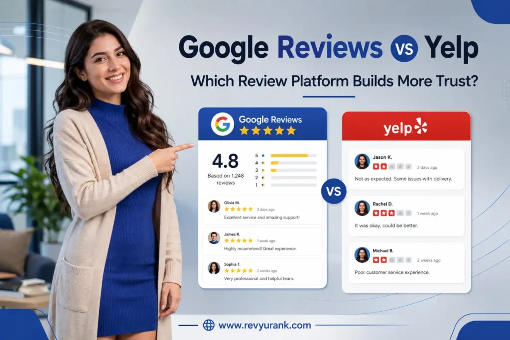 Google Reviews vs Yelp comparison dashboard showing ratings and customer reviews
