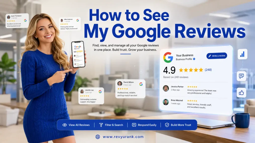 How to see my Google reviews showing Google review history, five-star ratings, customer feedback, business reviews, and search interface.