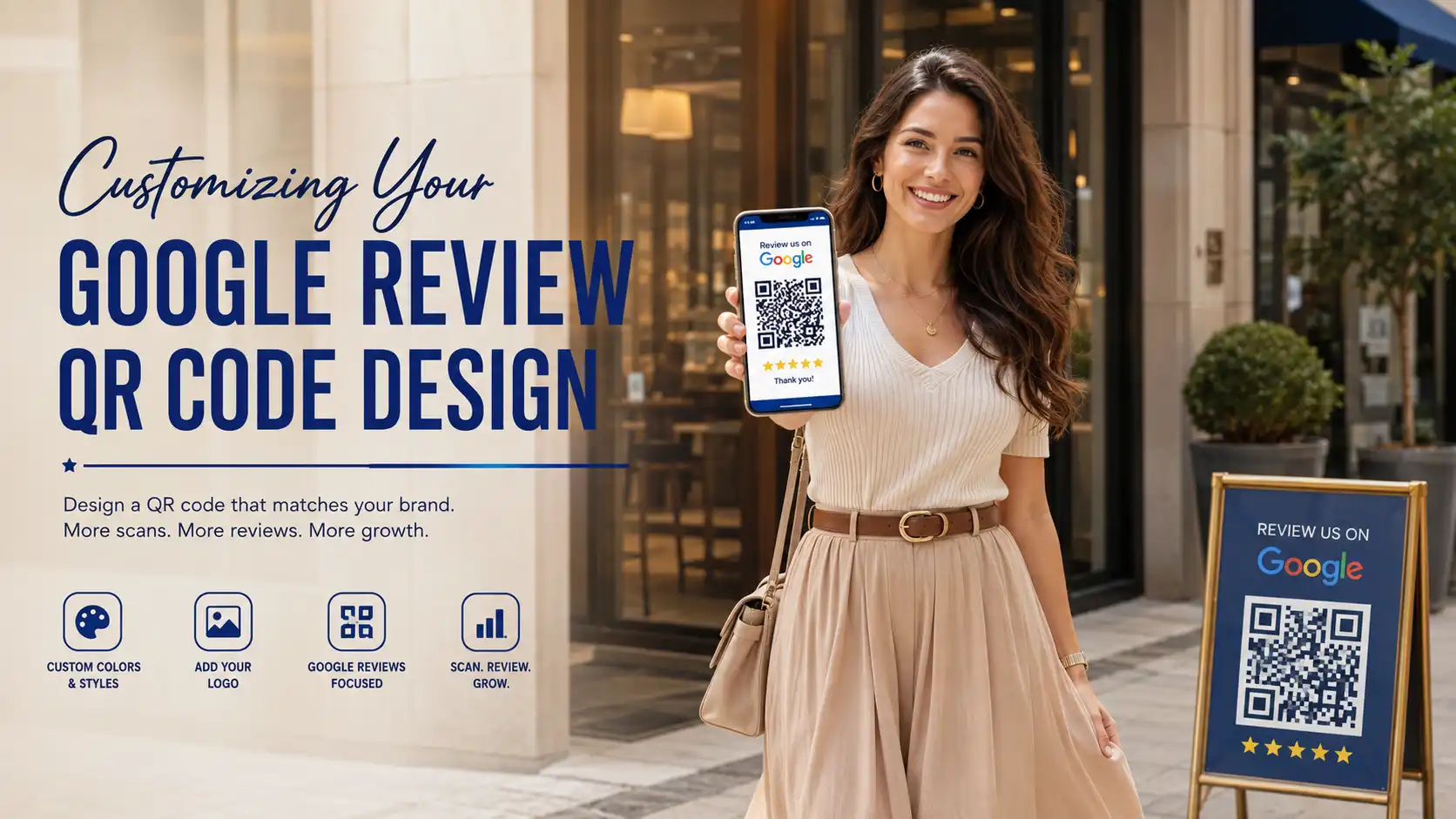 Screenshot of customizing a google review qr code with logo, colors, and frame options