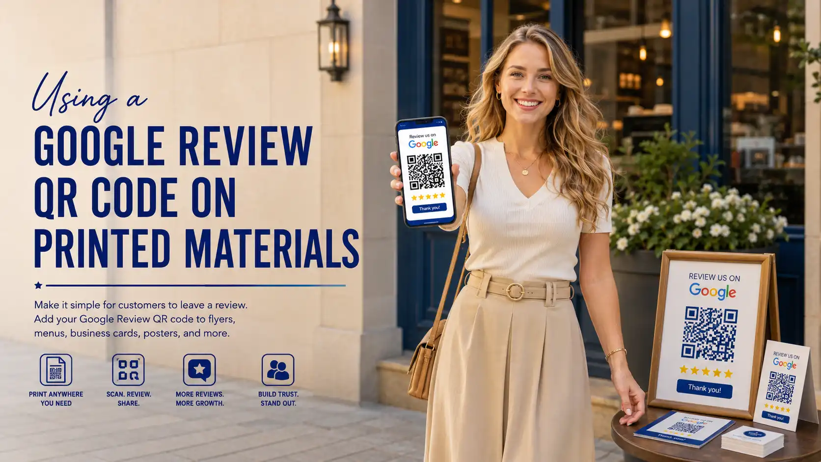 Table card displaying a google review qr code with "Scan to leave a review" text for customers