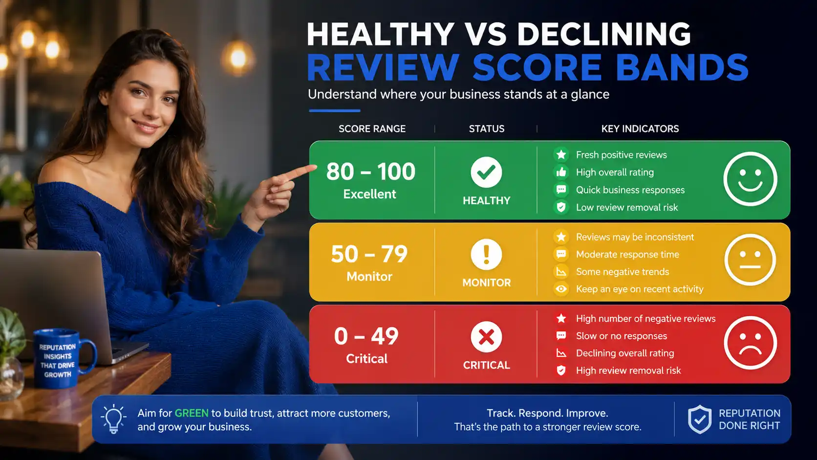 Traffic light scale showing healthy, at-risk, and critical review health scores