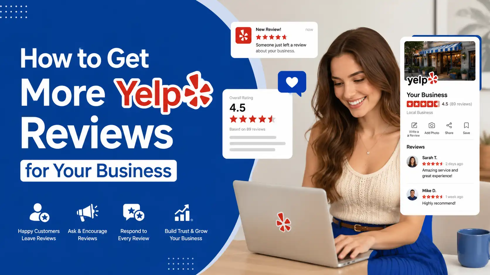 small business owner checking yelp reviews on laptop