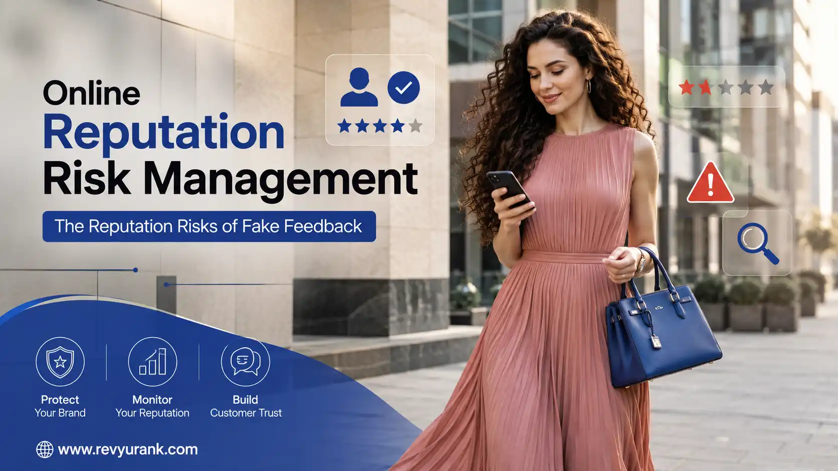 A conceptual illustration showing digital safety and risk management for online reviews.
