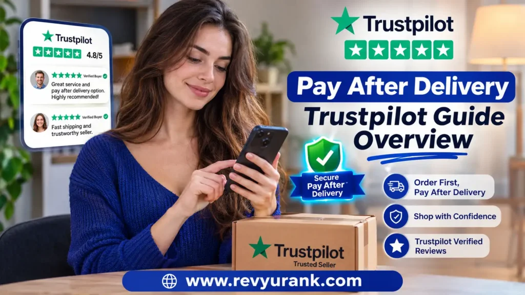 Illustration of a shopper checking Pay After Delivery Trustpilot reviews on a smartphone for safety.