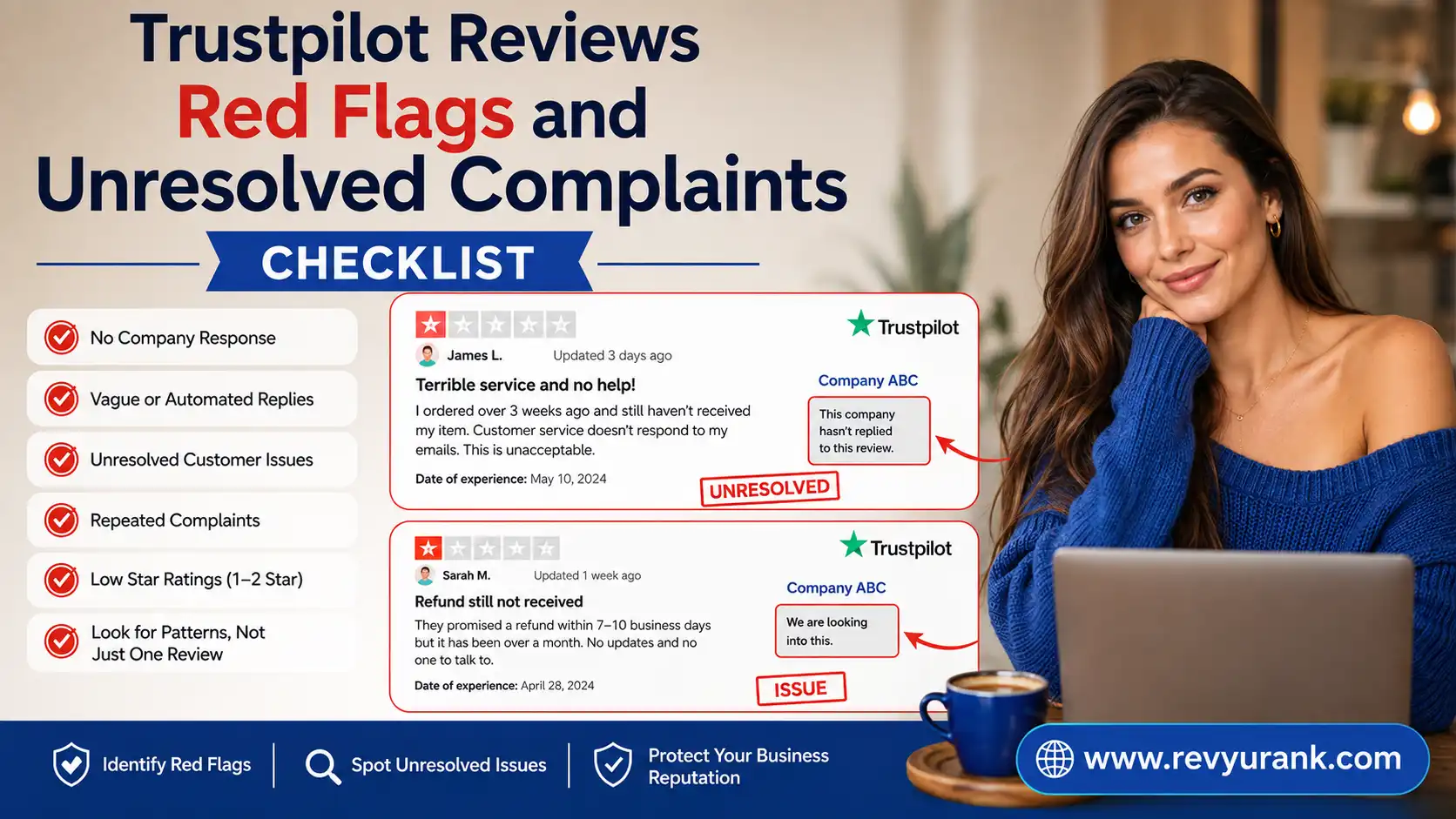 Annotated screenshot checklist highlighting red flags and unresolved customer complaints in Trustpilot reviews.