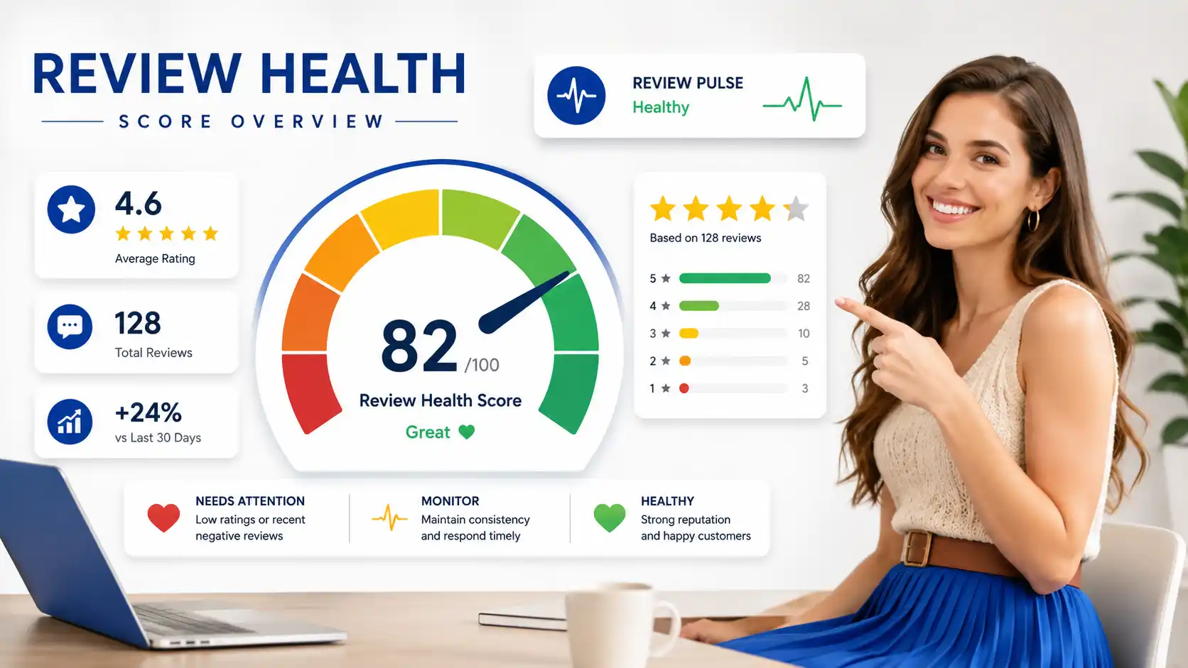 Review health score dashboard showing star ratings and health indicators