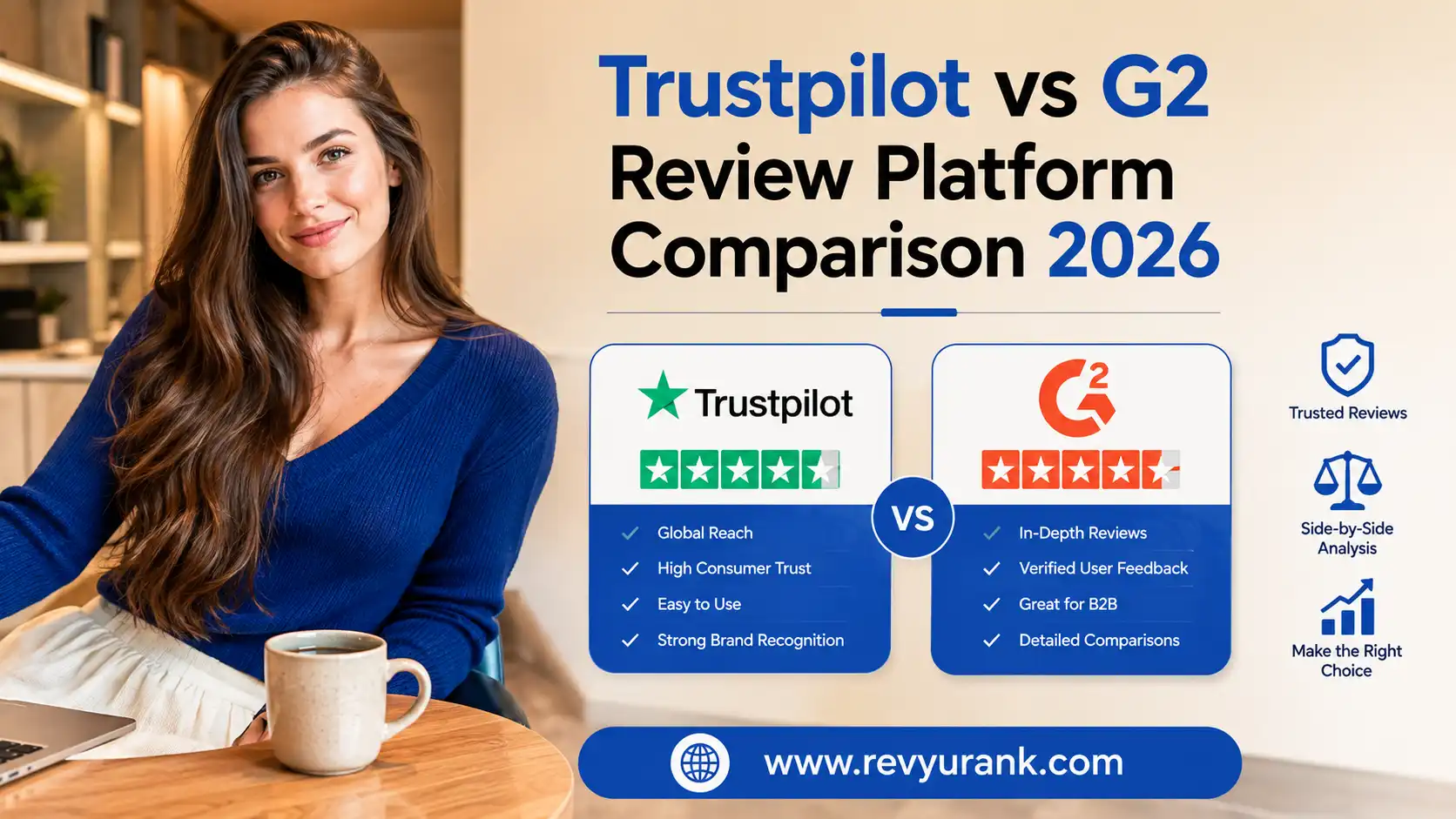 Digital comparison illustration showing Trustpilot and G2 logos for review platform evaluation in 2026.