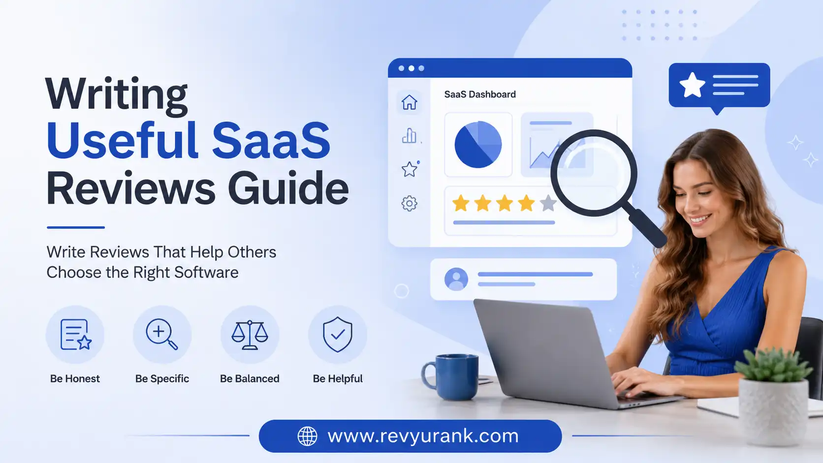 Illustration showing a person analyzing a SaaS product review on a laptop screen