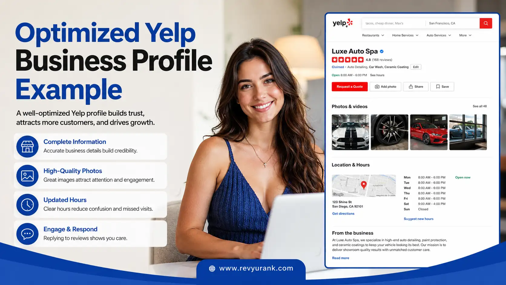yelp business profile page showing hours photos and request a quote