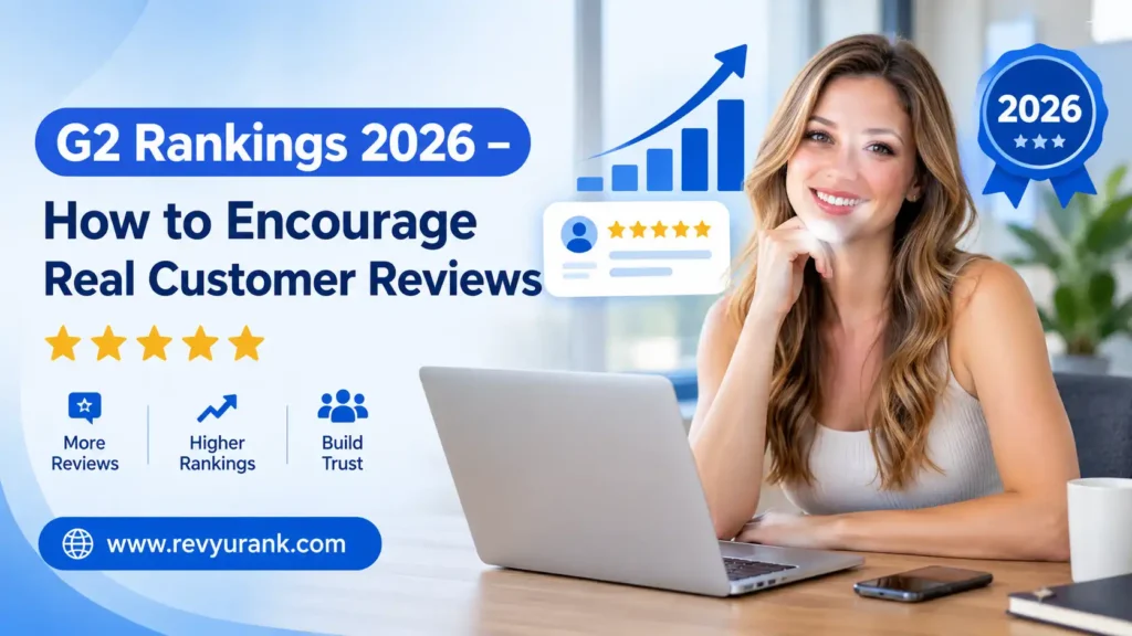 G2 Rankings 2026 guide illustration showing customer reviews boosting software ranking growth