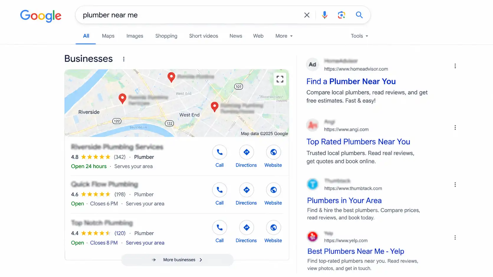 Google local pack results showing star ratings and review counts for nearby businesses