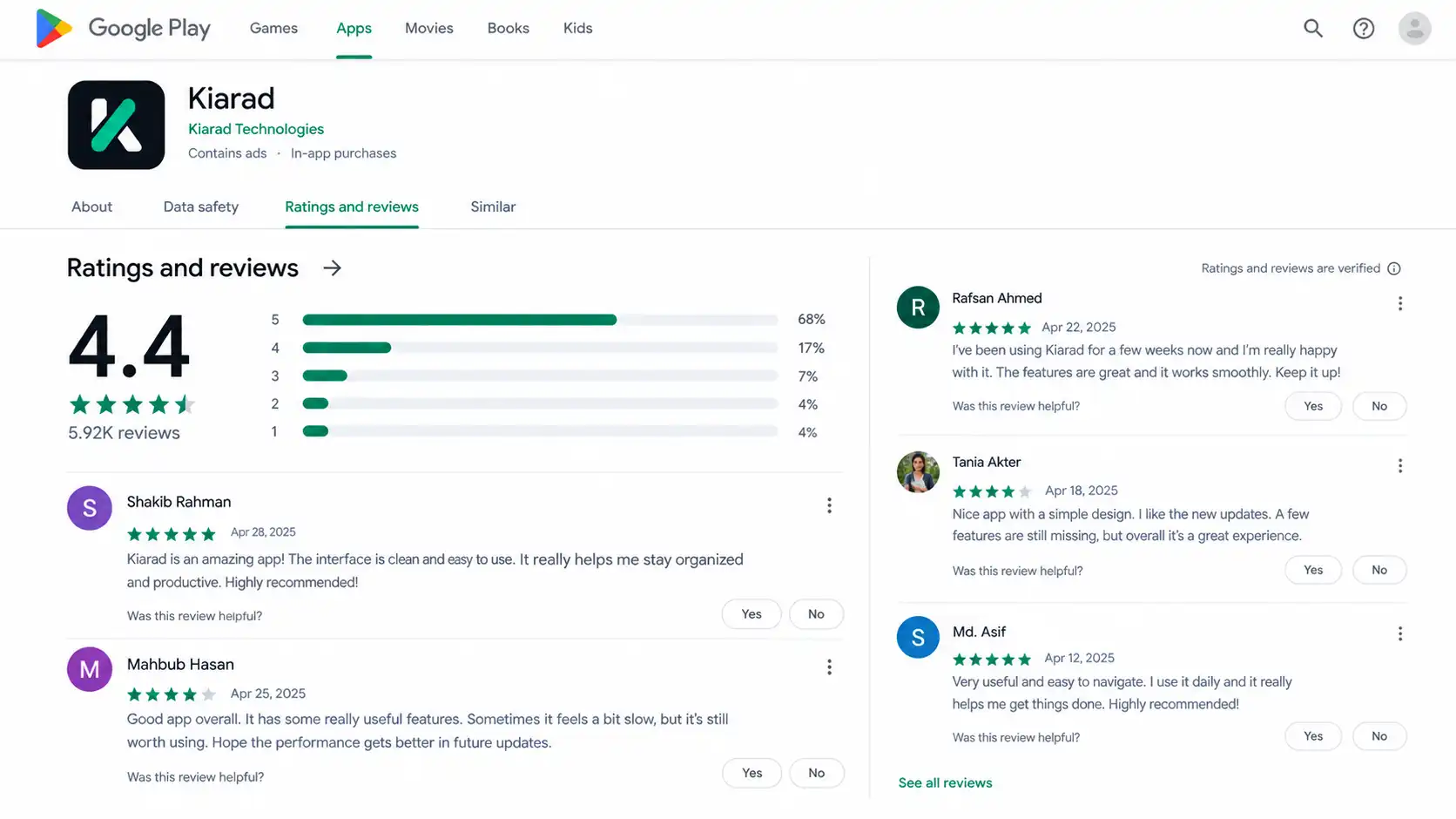 Google Play Store app listing showing star rating breakdown and user reviews