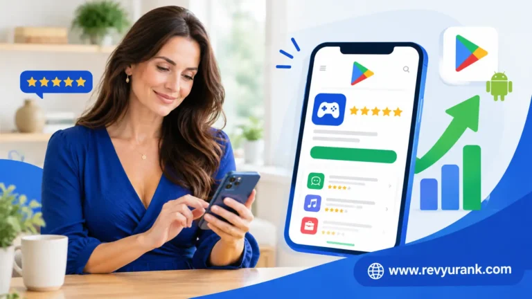 Smartphone with five-star rating and upward arrow showing how Google Play reviews improve app ranking