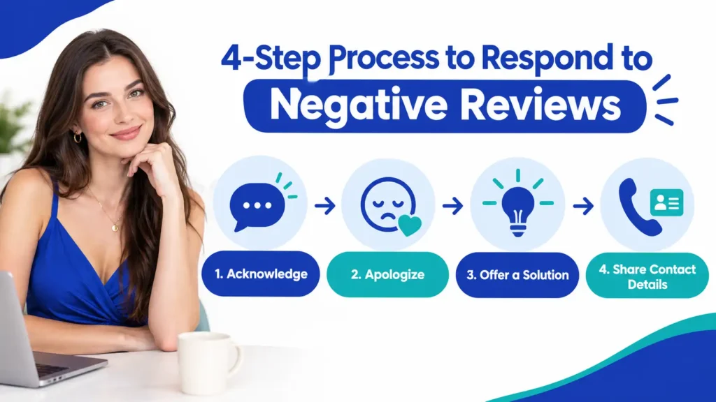 Four-step infographic showing how to respond to a negative review: acknowledge, apologize, offer a solution, and share contact details