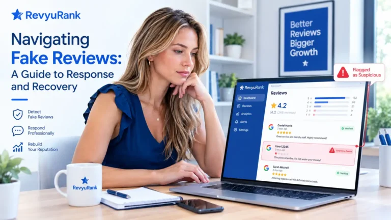 Business owner reviewing suspicious one-star reviews on a laptop dashboard