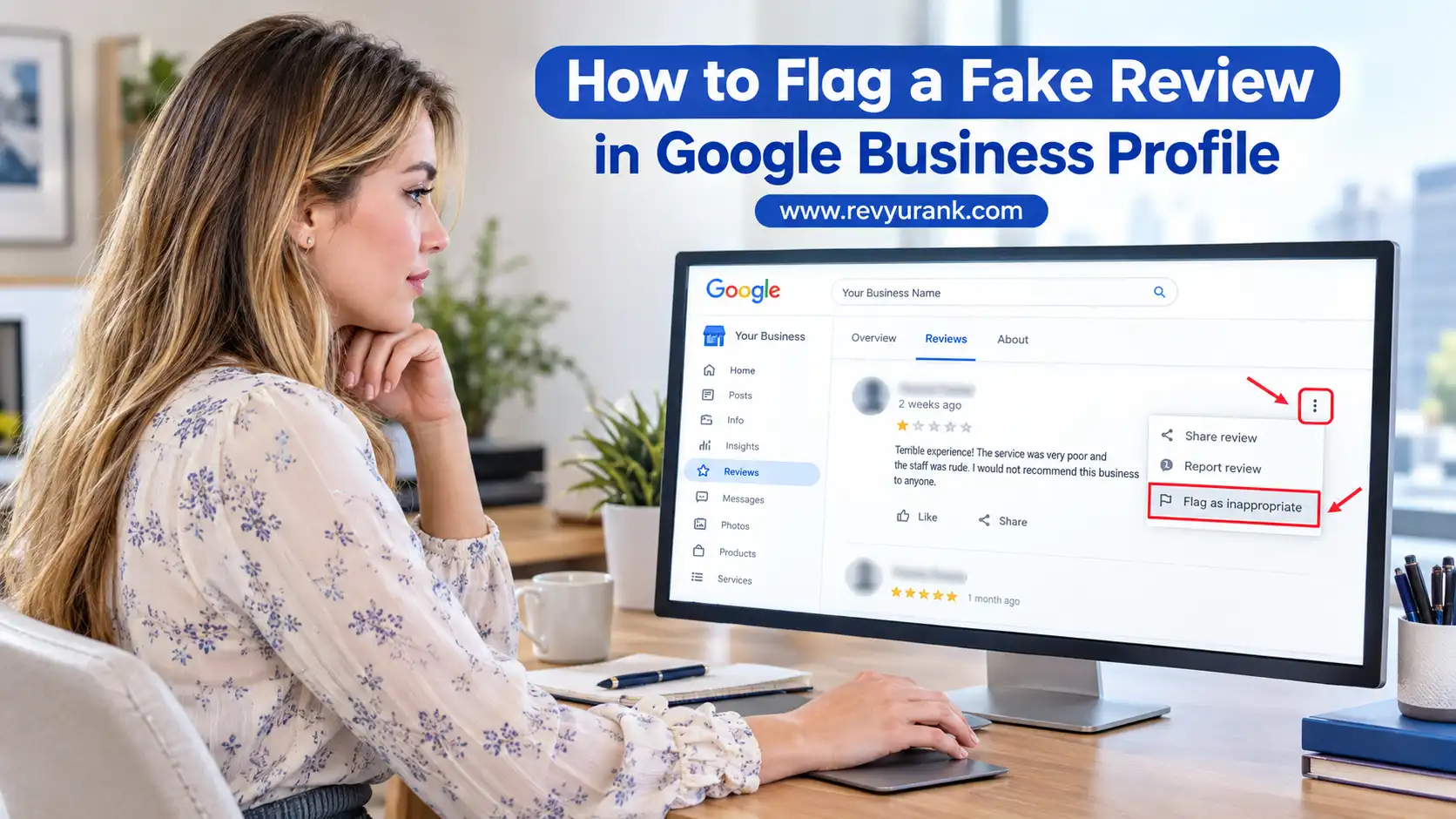 Google Business Profile reviews tab with the flag as inappropriate option highlighted