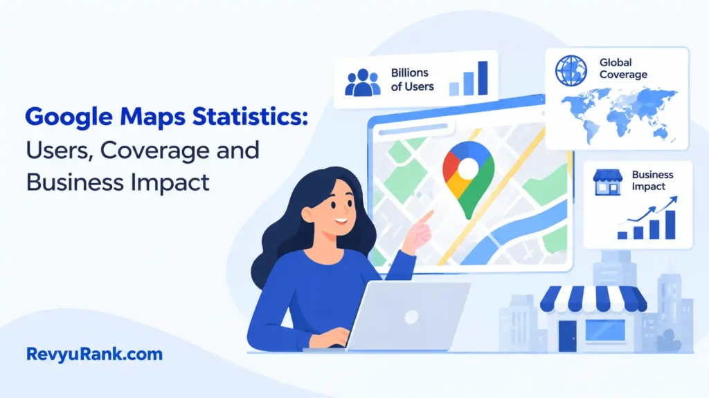 Infographic and charts showing Google Maps statistics, global user base, location coverage, and business impact metrics