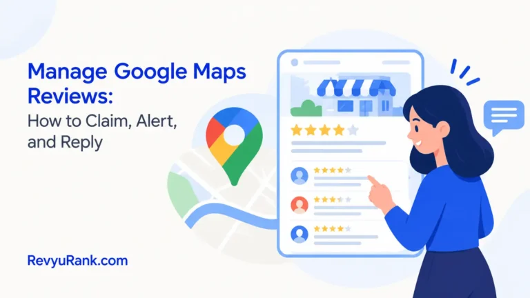 Business owner managing Google Maps reviews on a dashboard, highlighting claiming, alerts, and replying to customer feedback