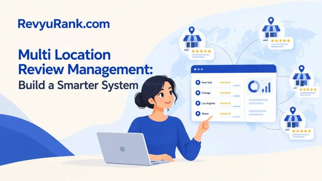 A dashboard interface showing multi-location review management system for tracking customer feedback across multiple business stores