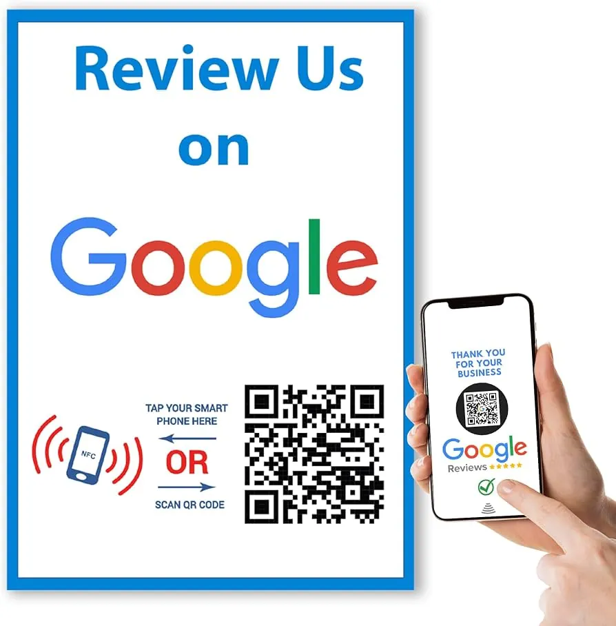 Acrylic table stands displaying a review link badge on a café counter