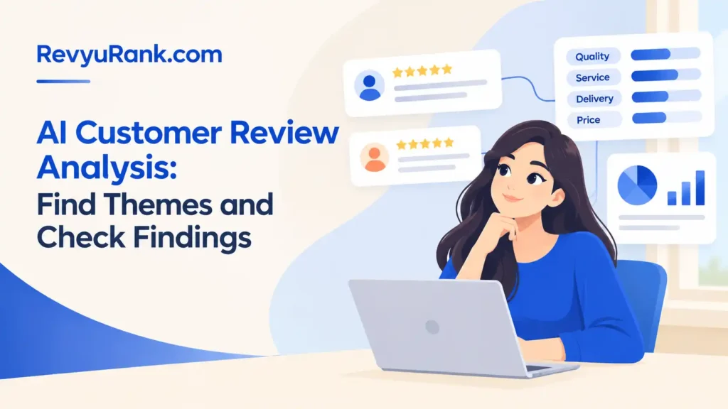 Illustration showing AI customer review analysis to identify recurring feedback themes, understand customer sentiment, and verify AI-generated findings for accuracy.