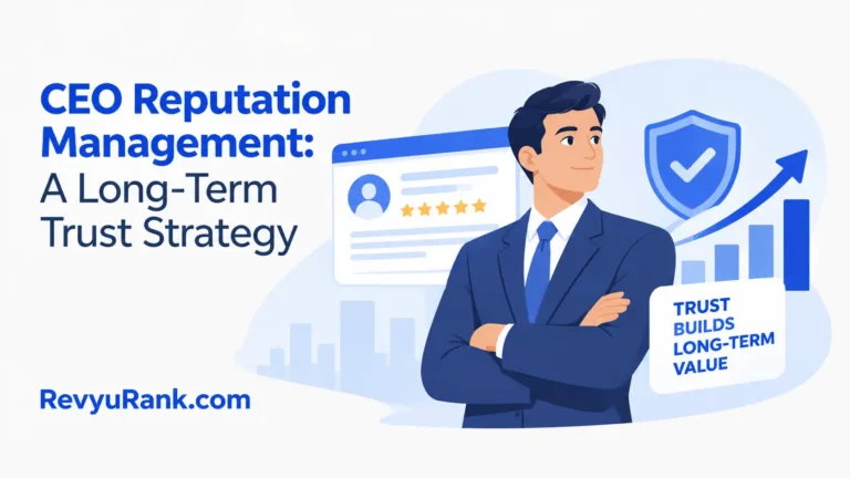 Executive illustration outlining CEO reputation management as a long-term trust building strategy