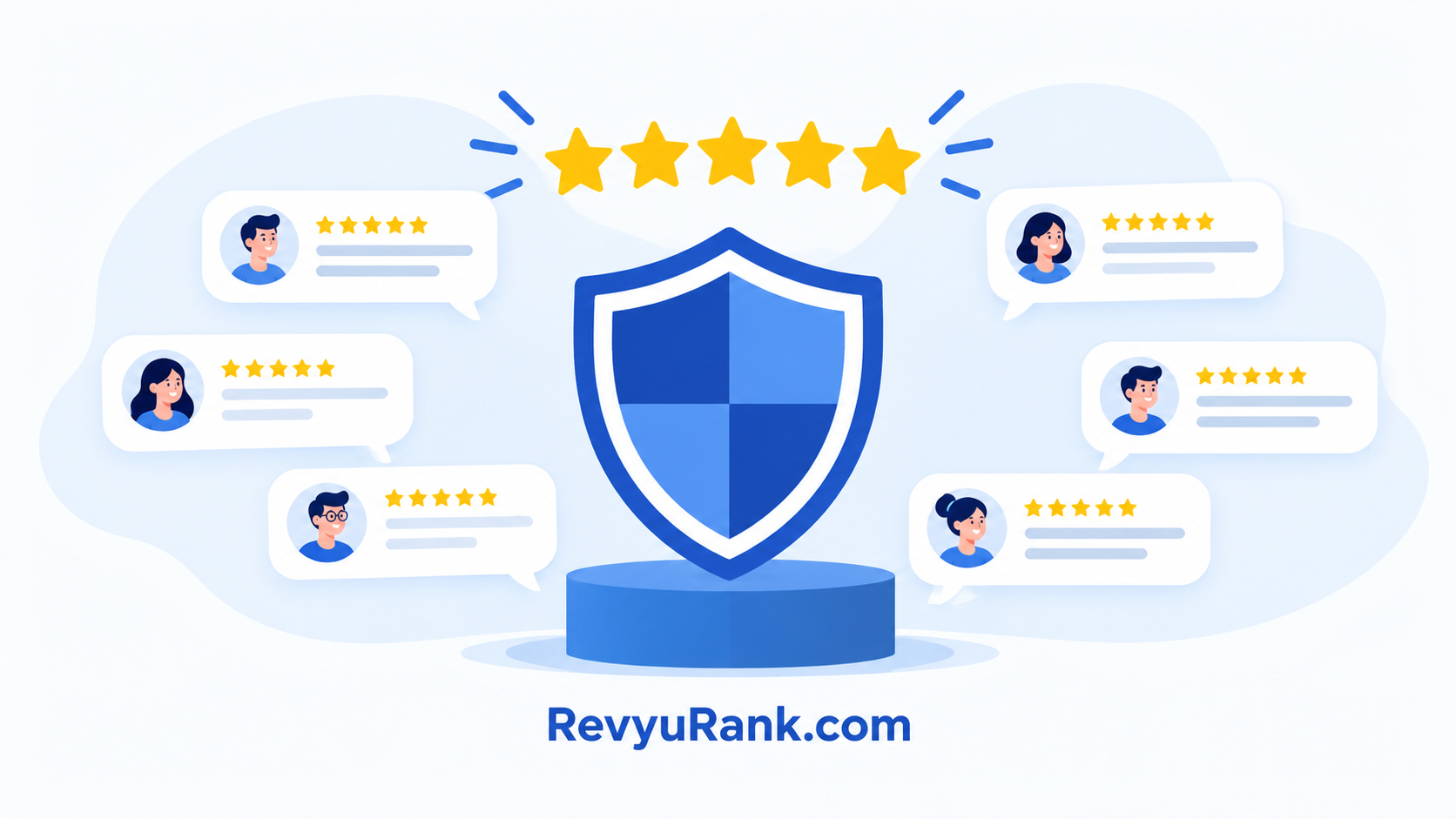 A blue shield surrounded by five gold stars and customer review cards, representing online reputation protection and customer trust for RevyuRank.com.