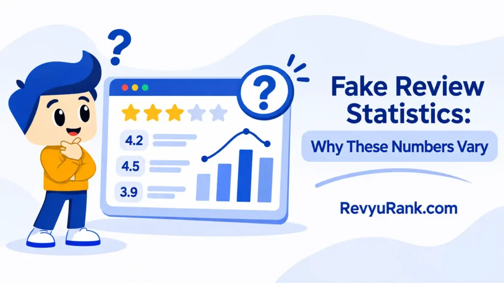 Illustration explaining why fake review statistics vary across platforms, highlighting differences in detection methods, misleading ratings, and review data accuracy.
