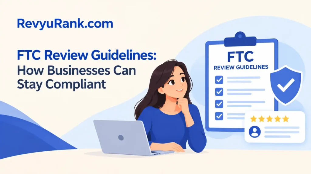 A business professional reviewing compliance guidelines on a tablet next to a customer rating badge and checklist.
