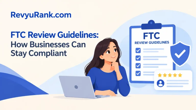A business professional reviewing compliance guidelines on a tablet next to a customer rating badge and checklist.