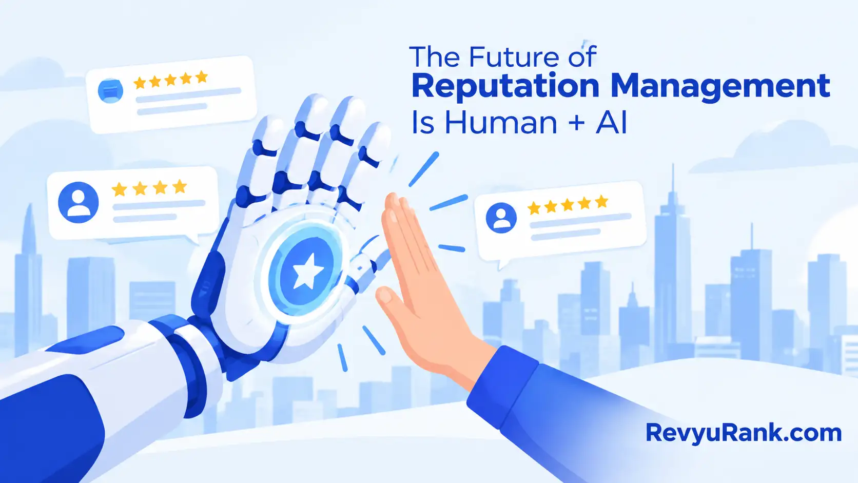 AI and human collaboration in reputation management, represented by a robotic hand and human hand high-fiving beside customer review ratings and a city skyline.