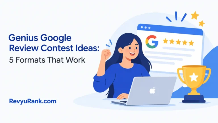 Creative marketing banner showing Google review contest ideas and formats to boost customer feedback