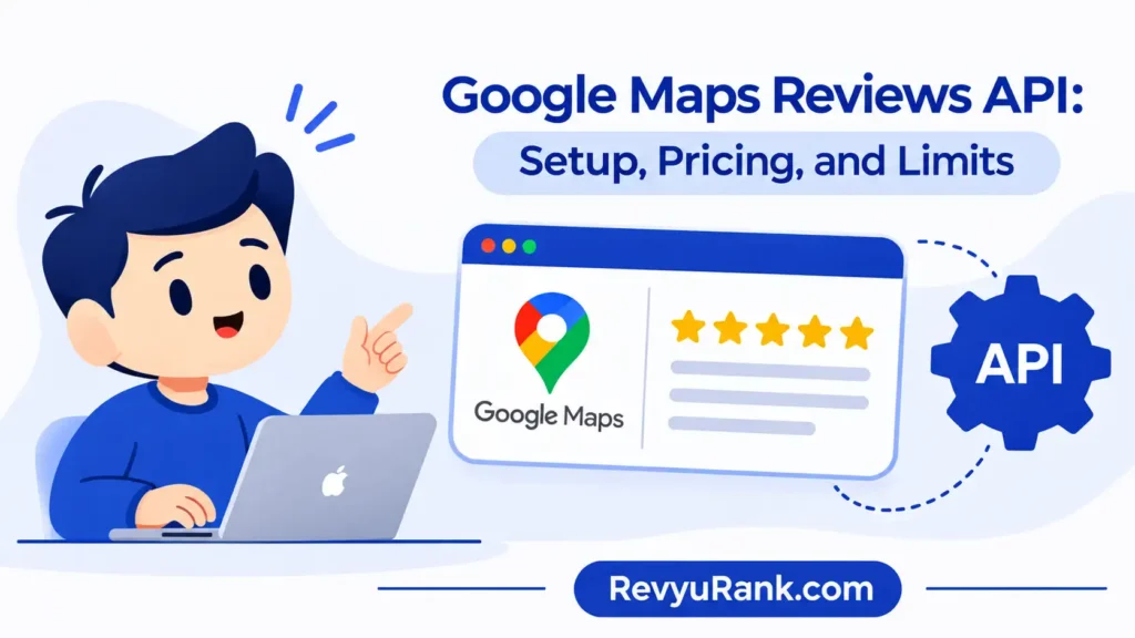 Infographic showing Google Maps Reviews API setup process, pricing tiers, and usage limits