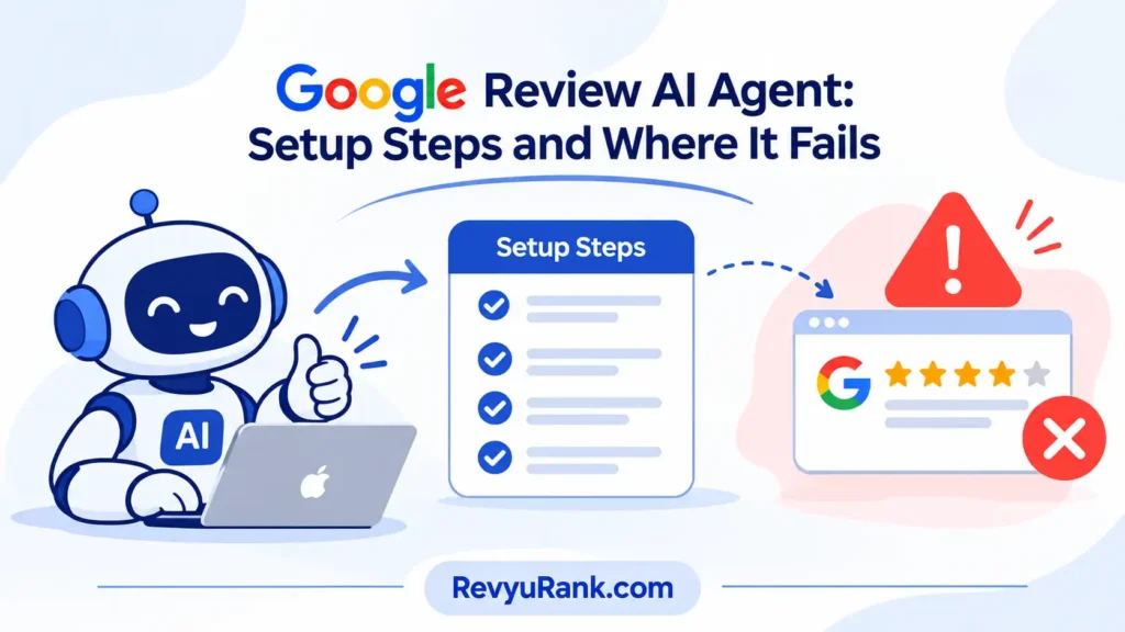 Diagram and workflow showing Google Review AI Agent setup steps and potential failure points