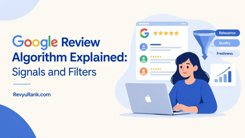 Infographic explaining Google Review algorithm signals, ranking factors, and spam filters for local SEO.