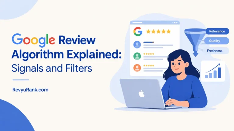 Infographic explaining Google Review algorithm signals, ranking factors, and spam filters for local SEO.