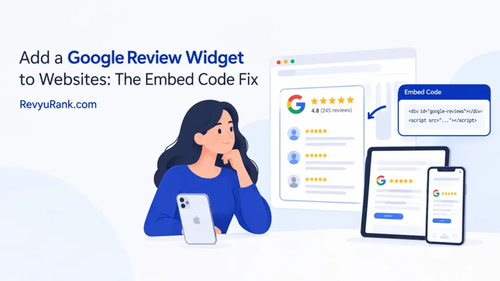 Google review widget embed code fix screenshot showing HTML code editor