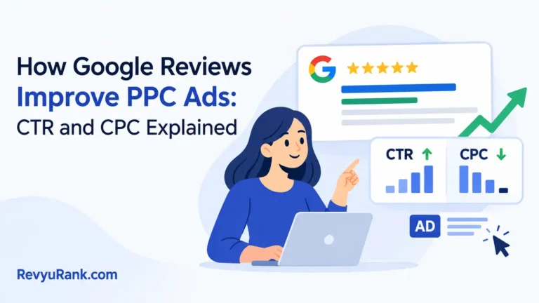 Graph and metrics illustrating how positive Google reviews increase ad CTR and decrease CPC costs