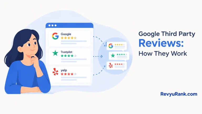 Infographic illustrating how Google pulls and displays third-party reviews on a Google Business Profile