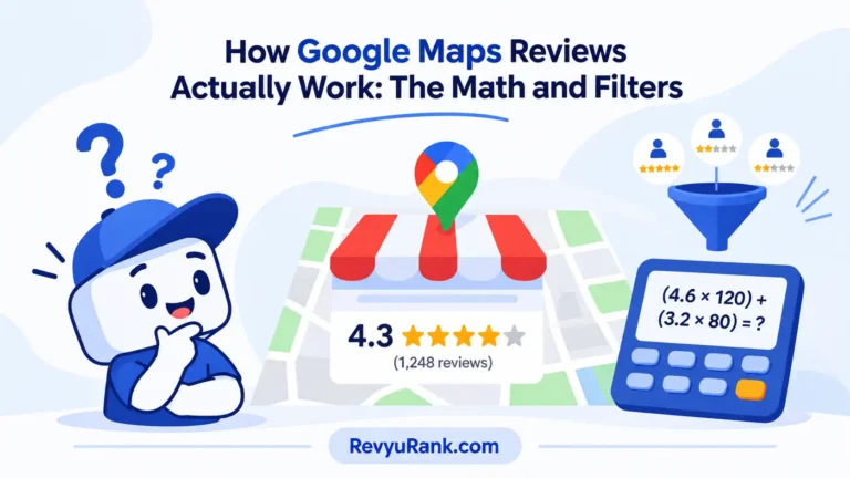 Infographic explaining how Google Maps reviews work including algorithm math and filtering system