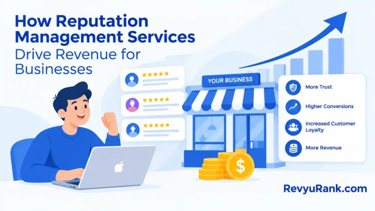 Flat vector illustration showing how reputation management services drive business revenue through five-star customer reviews, increased trust, higher conversions, customer loyalty, and rising sales, with RevyuRank.com branding on a light background.