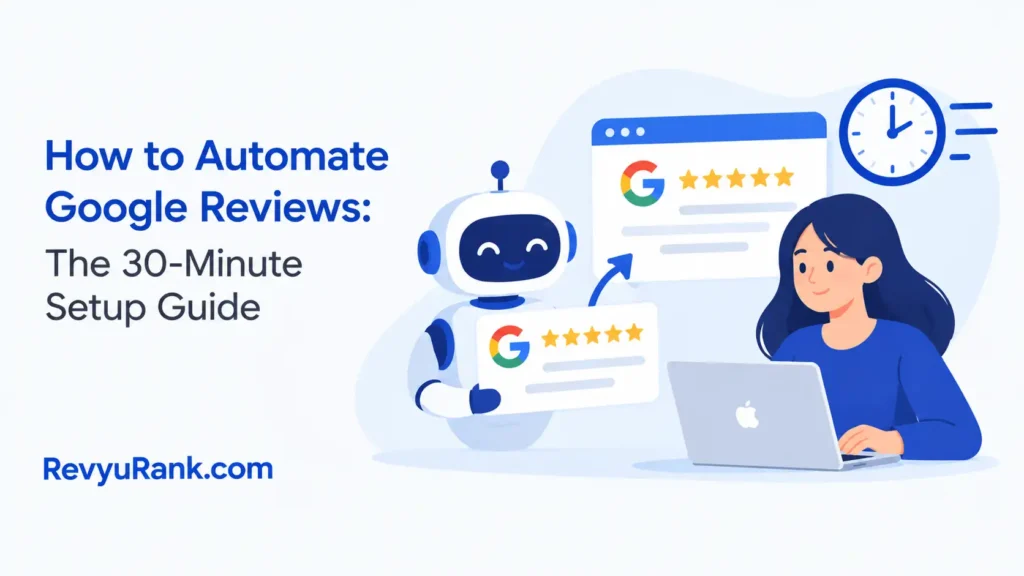 Illustration of an automation workflow dashboard on a laptop, showing automated Google review requests being sent to customers