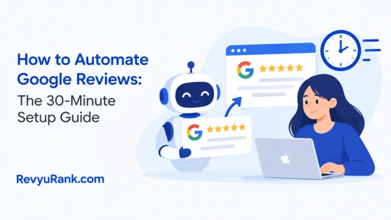 Illustration of an automation workflow dashboard on a laptop, showing automated Google review requests being sent to customers