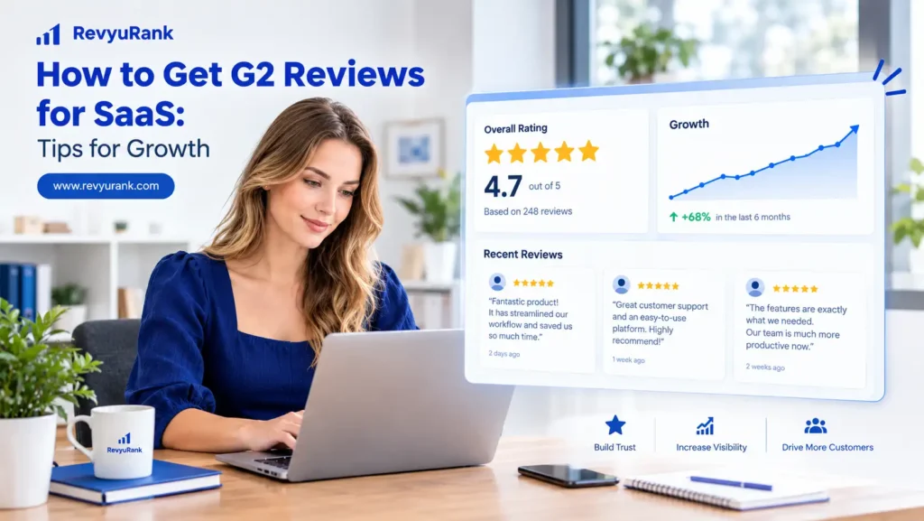 Illustration of a SaaS dashboard with five-star reviews and an upward growth chart