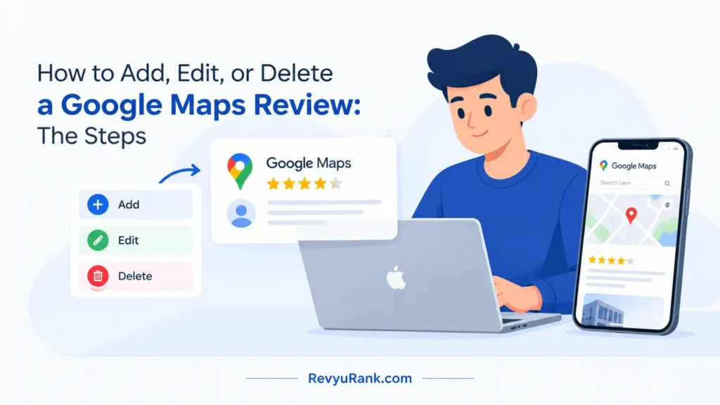 User managing Google Maps reviews on a smartphone, showing options to add, edit, or delete feedback