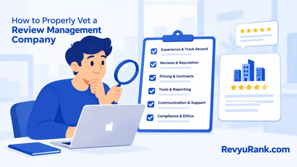 Checklist visual illustrating key steps on how to properly vet a review management company
