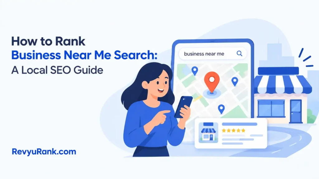 Infographic showing Local SEO strategies to rank a business for near me searches on Google Maps and search results.